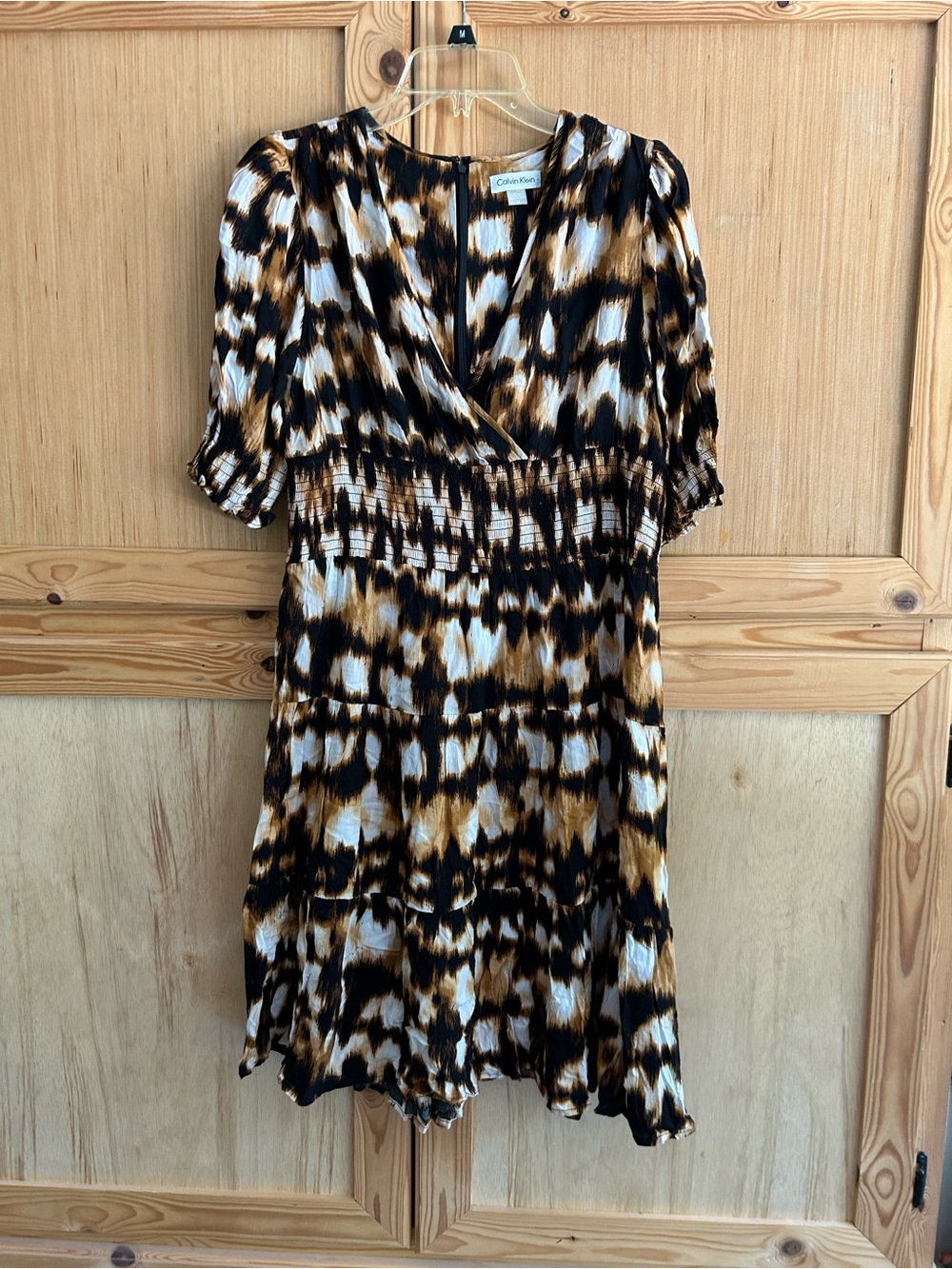 Calvin Klein Black Brown and White Abstract Tie-Waist Mini Dress